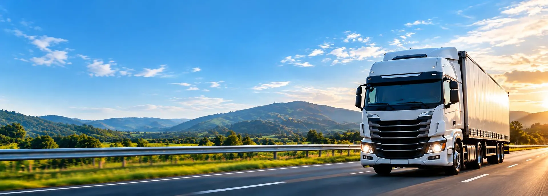 Caminhão branco em rodovia com montanhas ao fundo